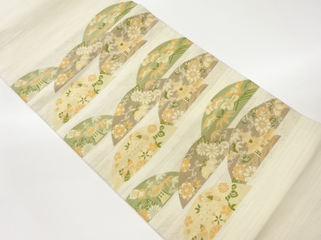 寺院に花鳥・花唐草模様織出し名古屋帯（松葉仕立て）